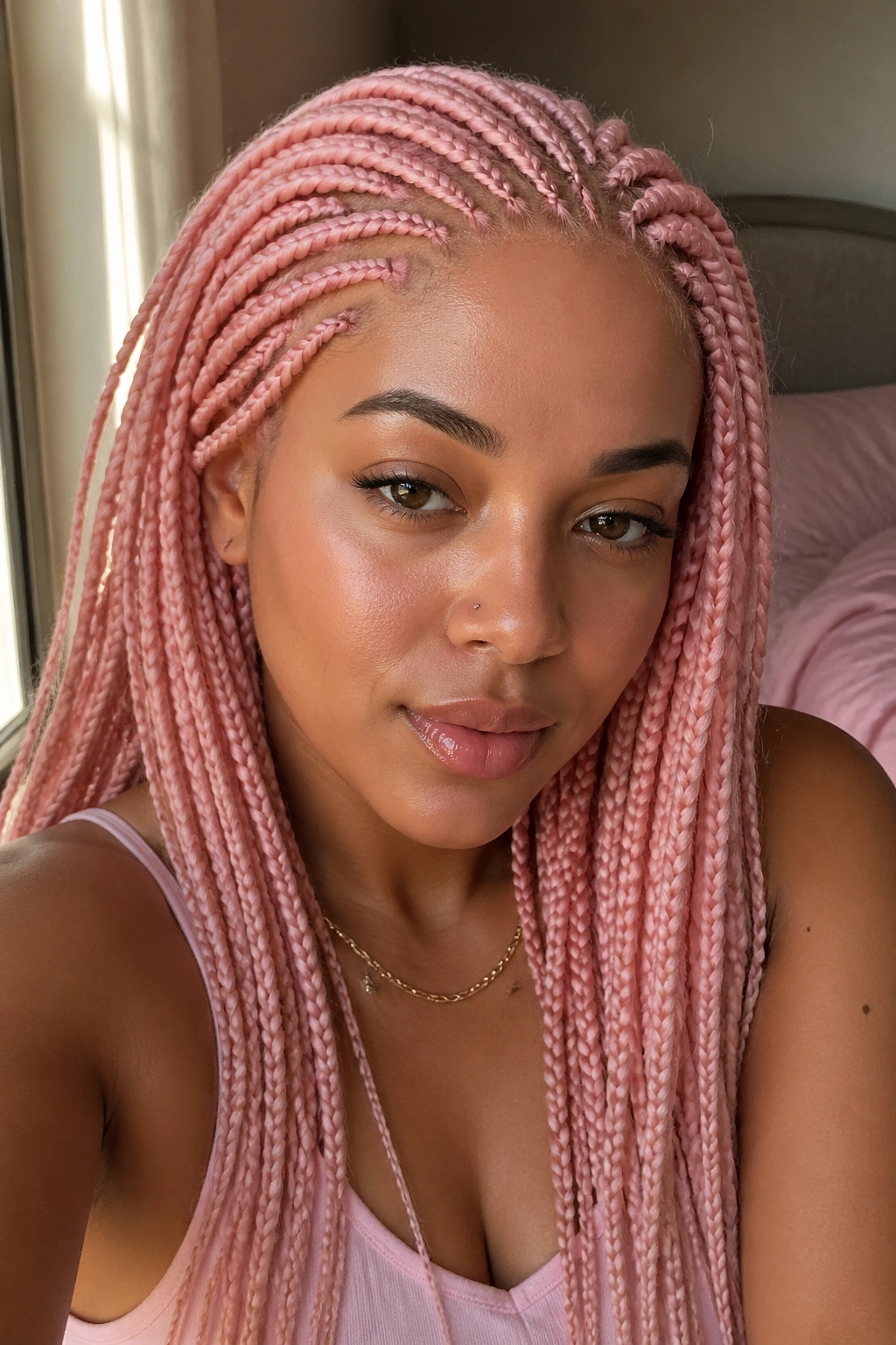 Real woman with full head of soft blush pink cornrows in gentle light.
