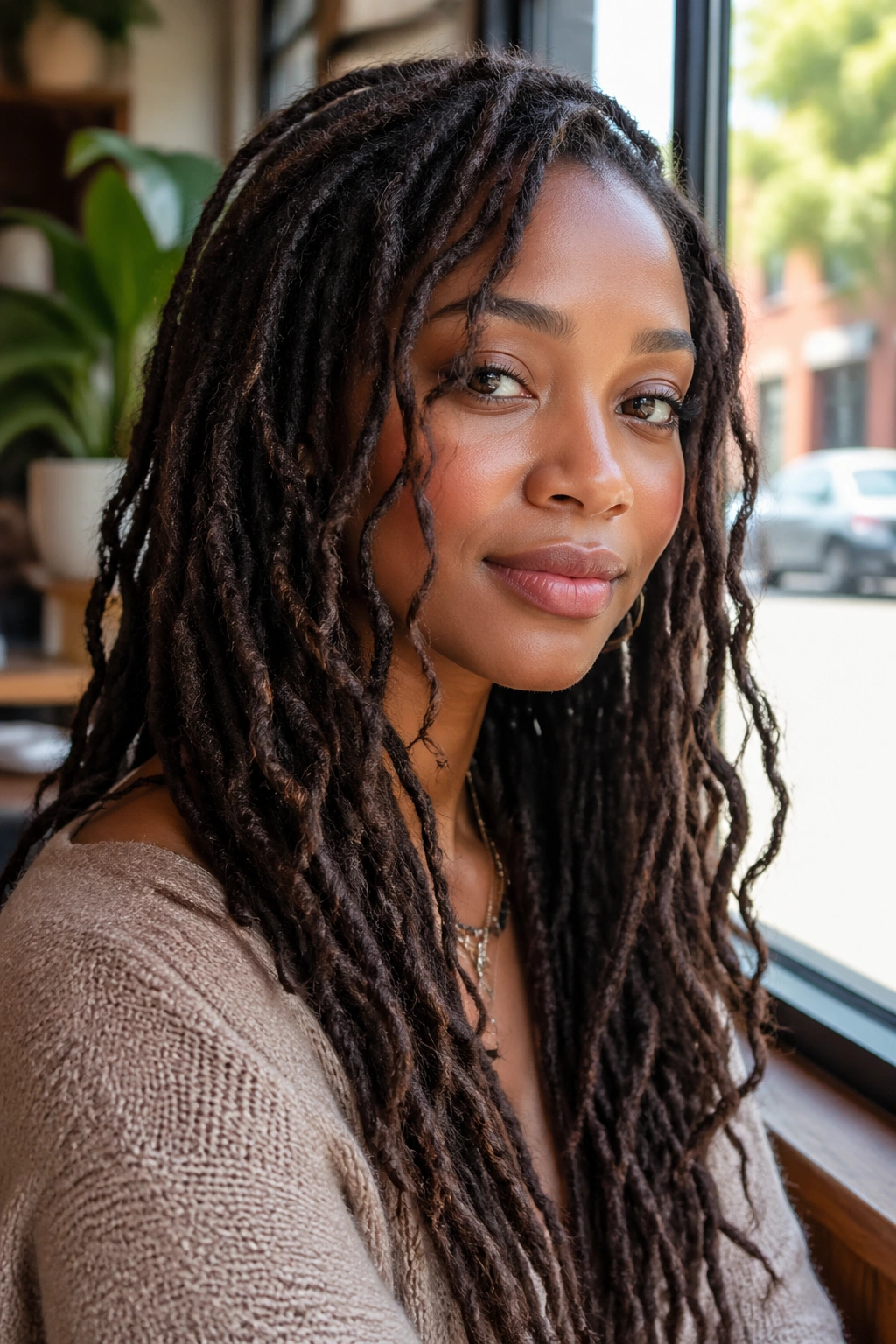 Close-up of a real woman with soft, undone boho locs.