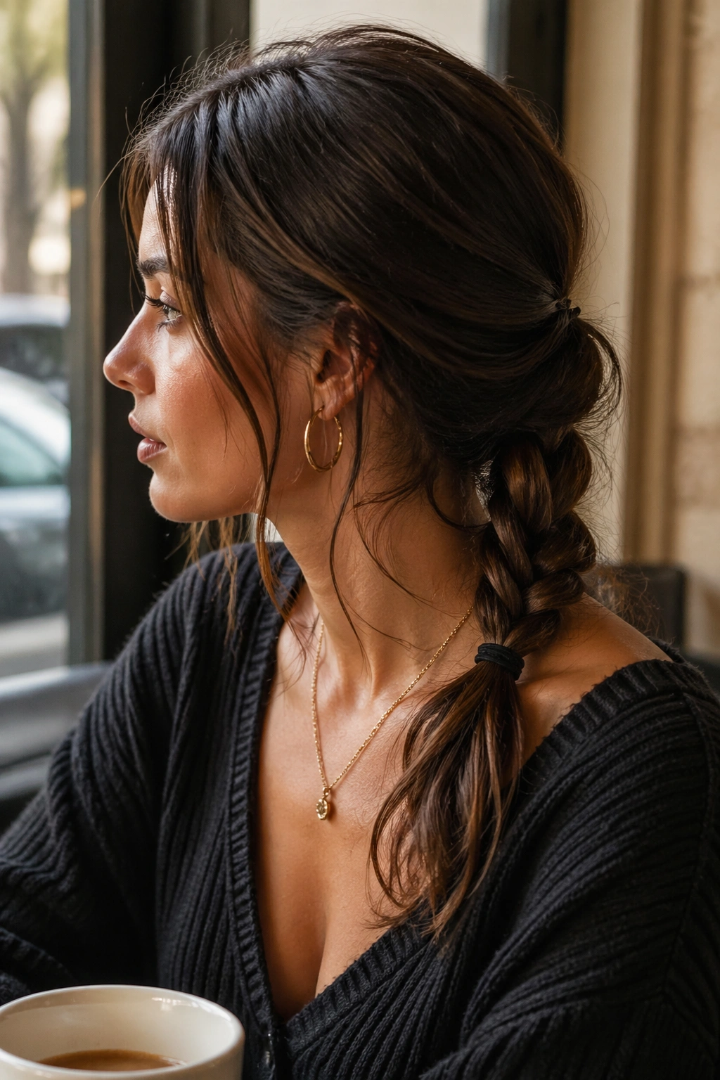 Close-up portrait of a real woman with a soft low weekend braided ponytail and loose strands