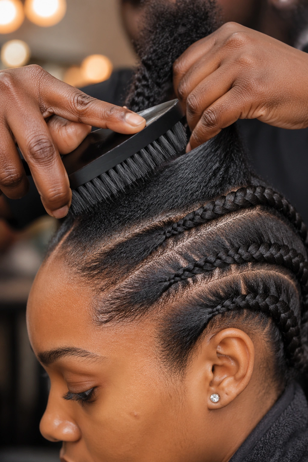 Close-up of a head in a salon with a soft-bristle brush preparing a hair section.