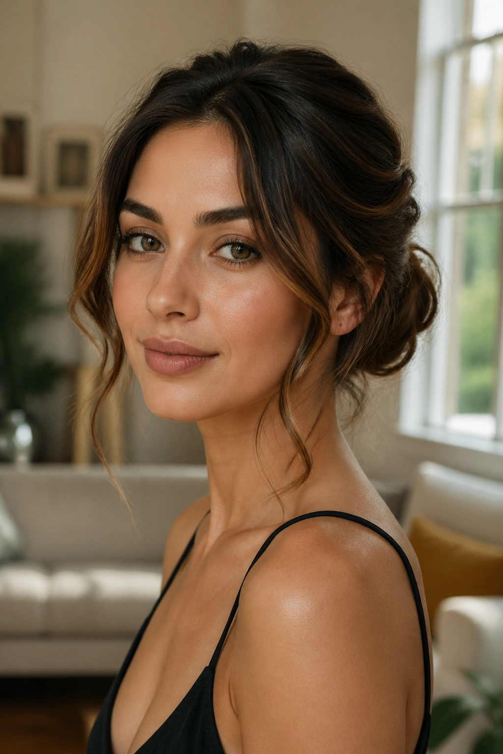 Close-up of a woman with a soft bun and loose tendrils around the face