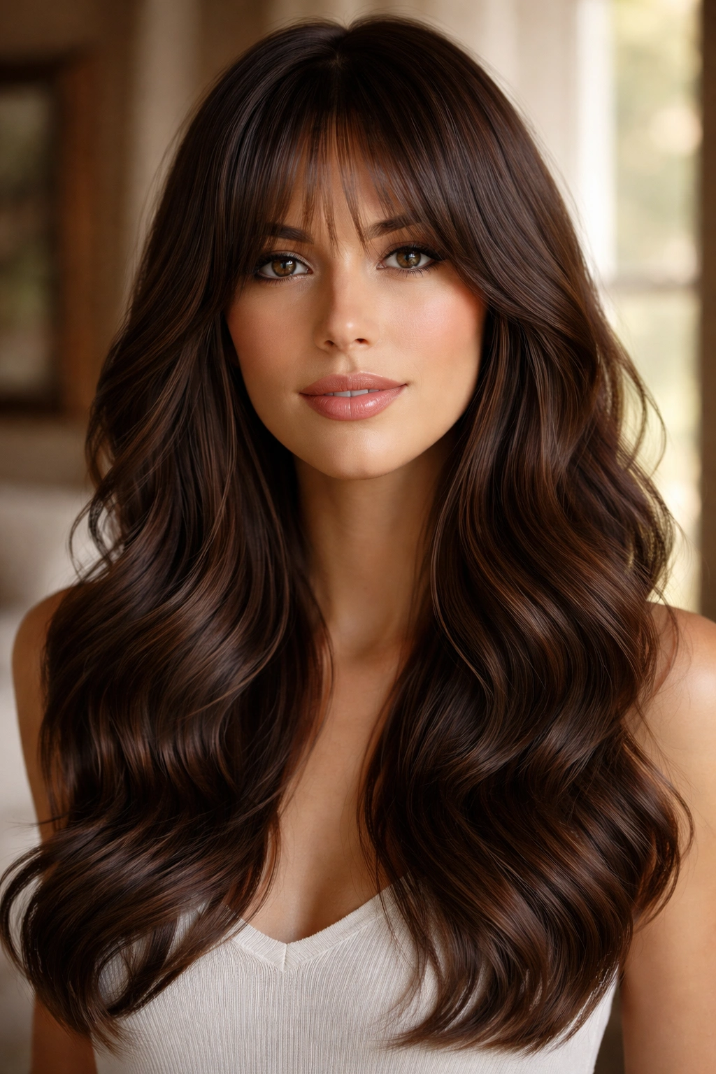 Close-up of a real woman with soft chocolate waves and center-skimming bangs.