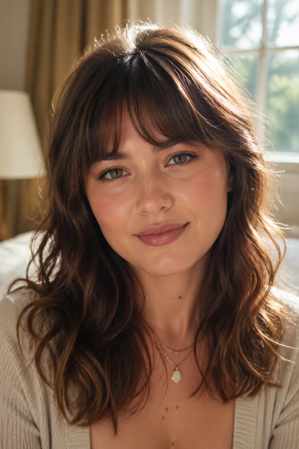 Close-up of a woman with soft crescent bangs and medium waves in natural light