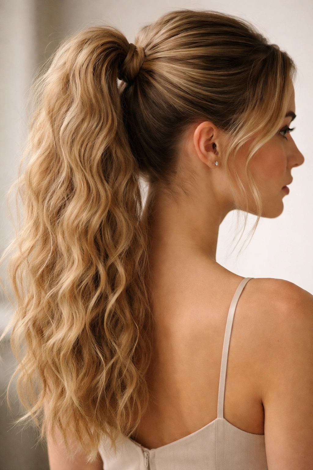Mid-height ponytail with soft crimp texture throughout
