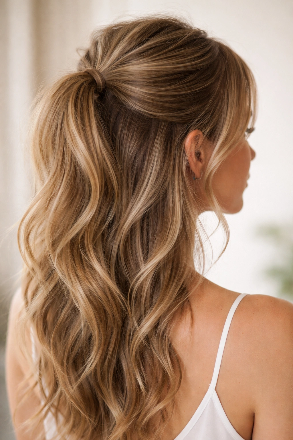 Close-up of a head with a soft crown lift and loose waves in a half-up hairstyle