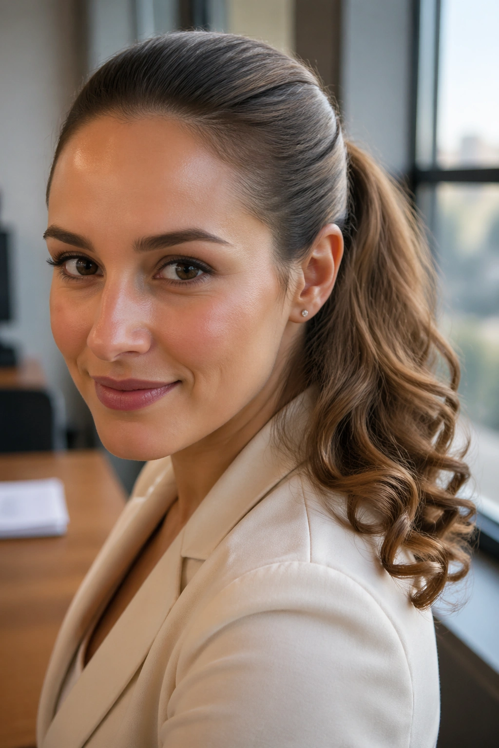 Real woman with soft curled ponytail in a well-lit office.