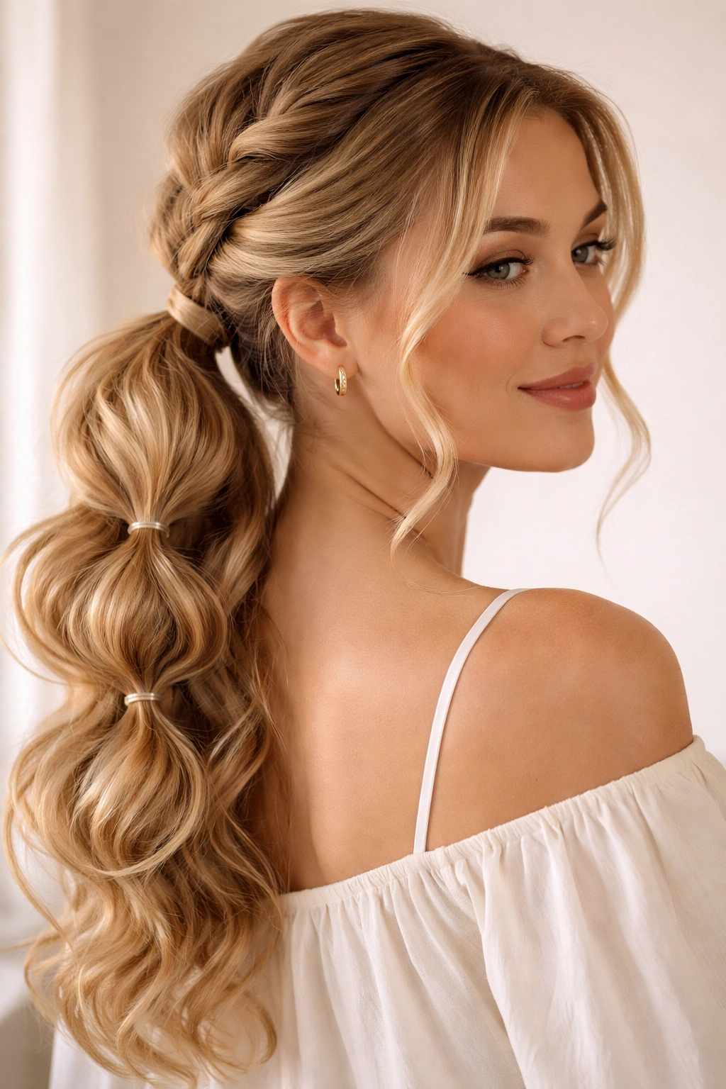 Soft curled low bubble braid ponytail with rounded bubbles
