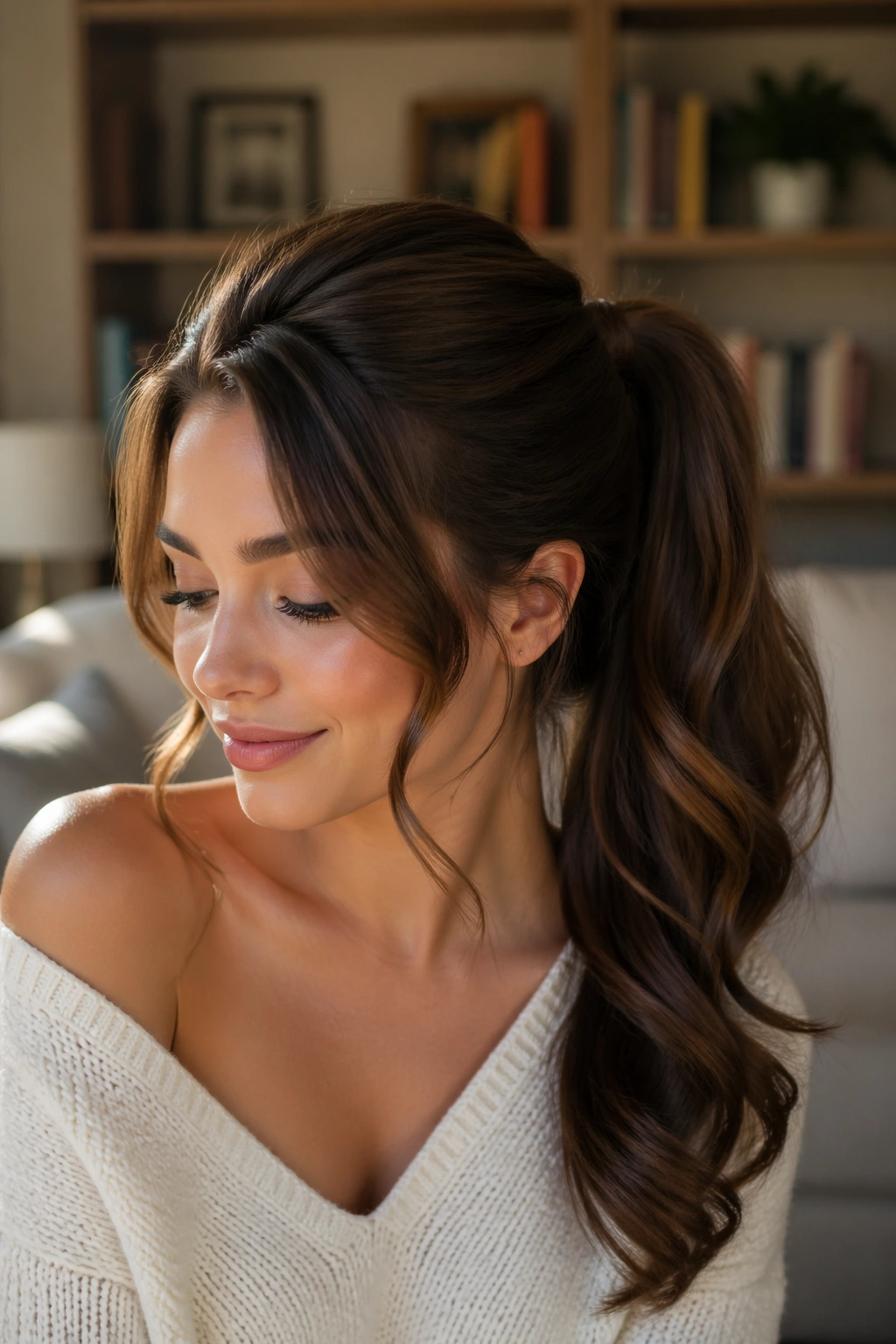 Close-up of a real woman with a soft curled swoop and face-framing pieces