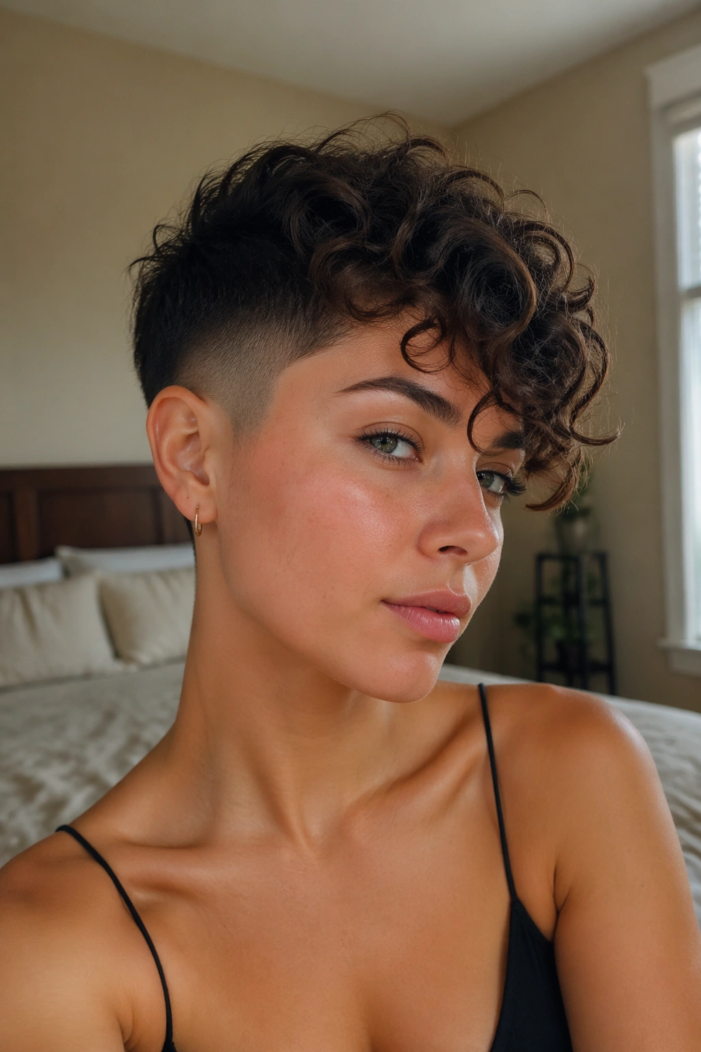 Close-up portrait of a person with skin fade and side-swept curls.