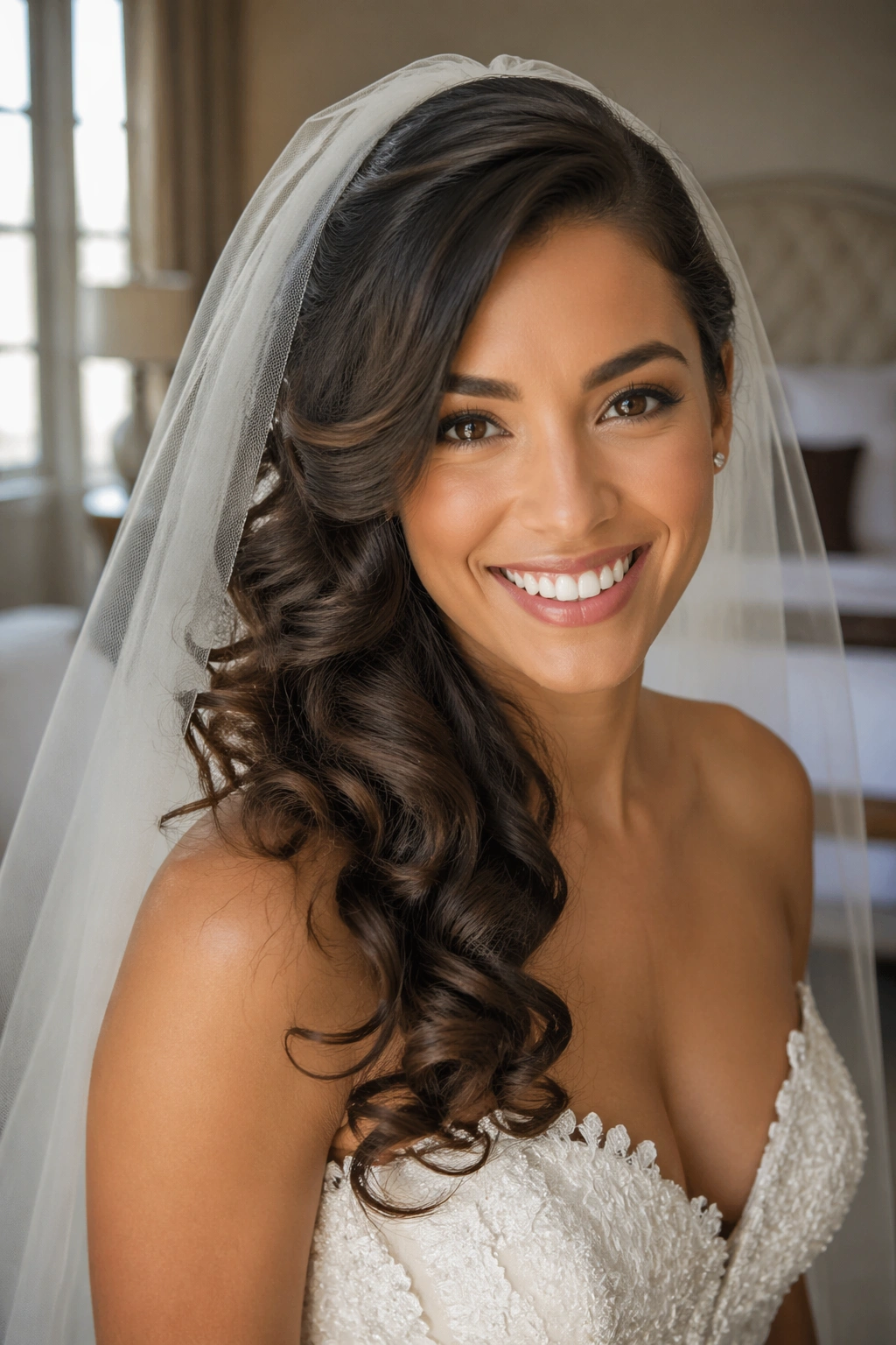 Soft side-swept curls with fingertip veil on a real bride; bridal hairstyle.