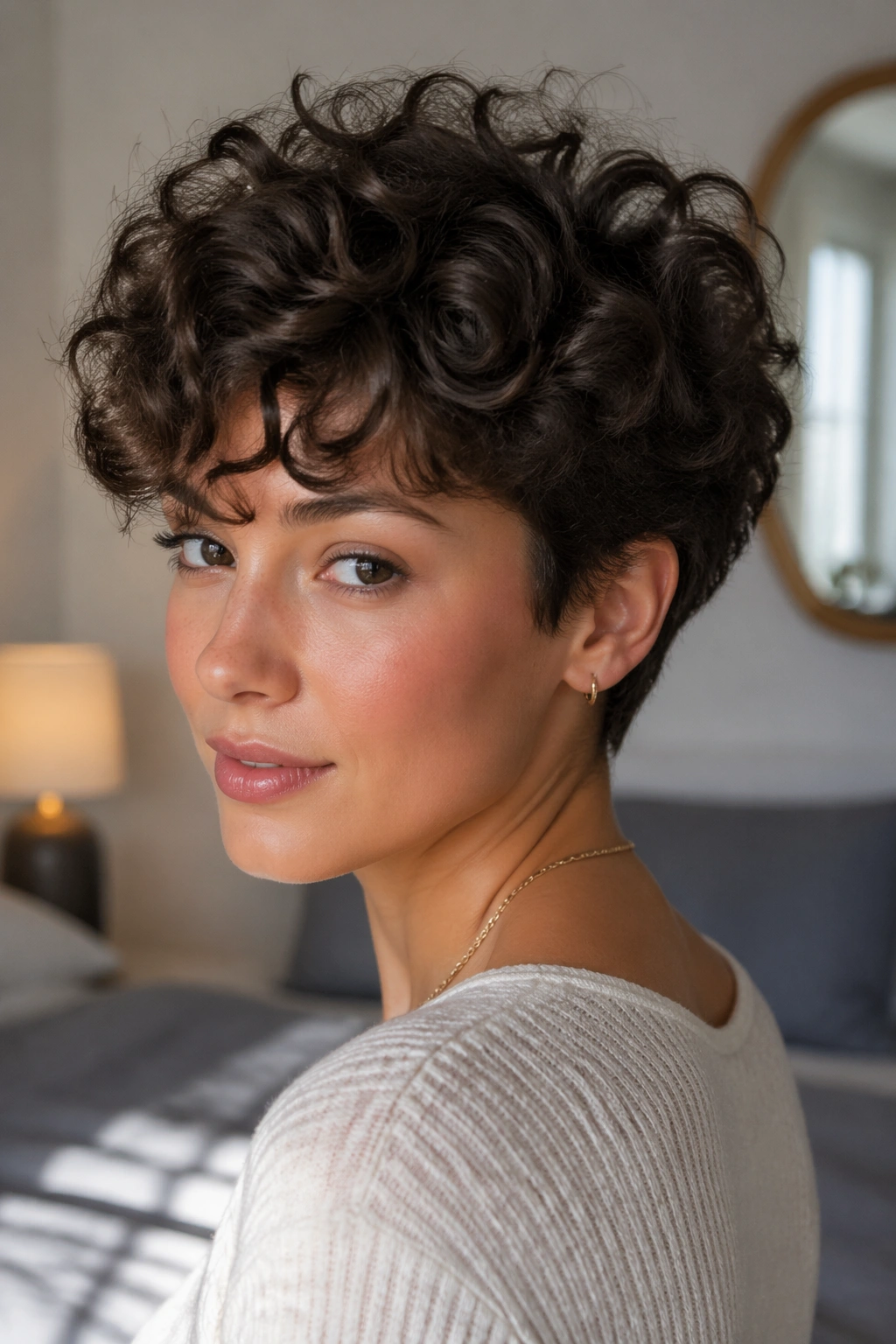 Close-up portrait of a real woman with a soft curly pixie and 2–4 inch top length in warm bedroom light