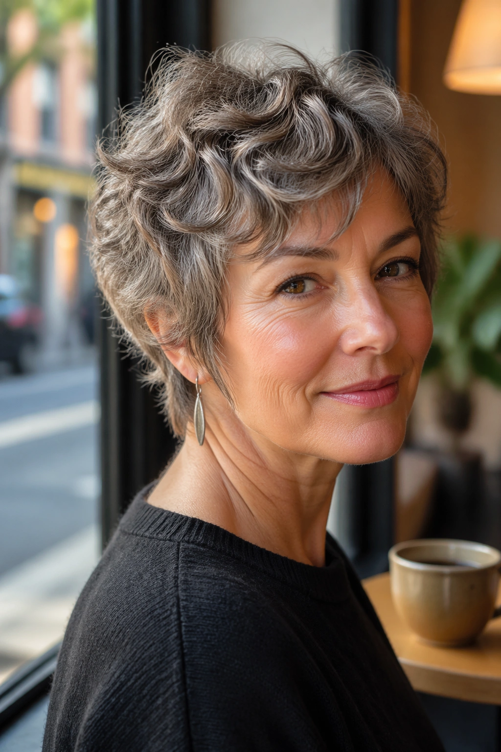 Close-up of a real woman with soft curly pixie shag and loose waves
