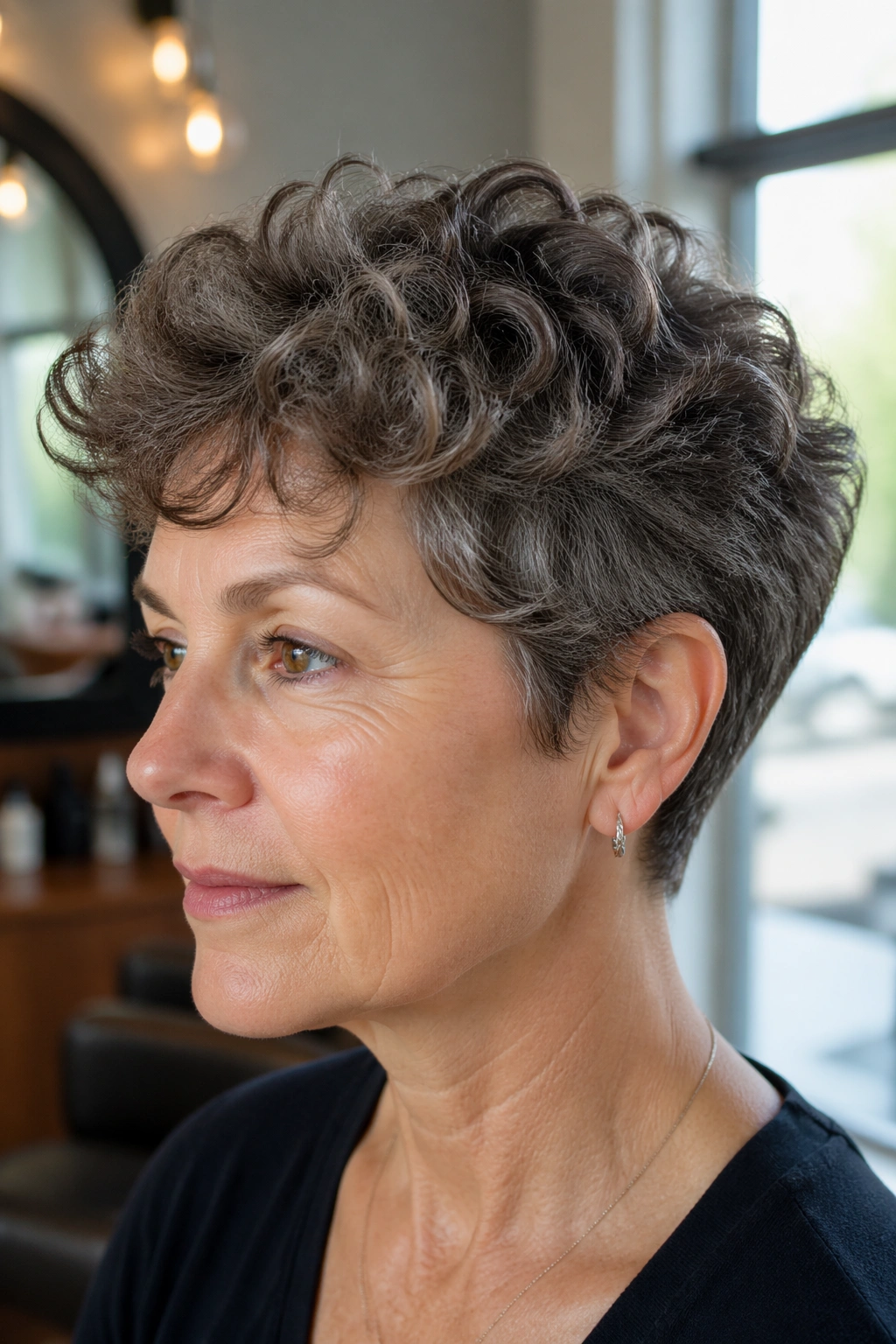 Close-up of a real woman with a soft curly pixie cut and tapered nape
