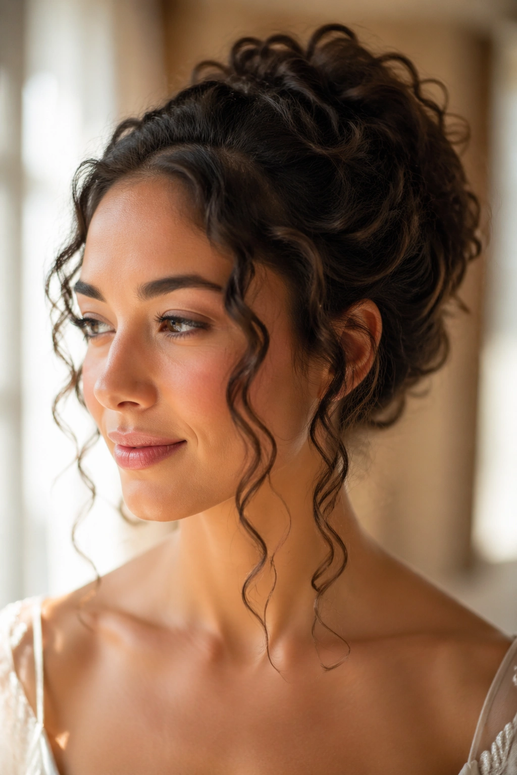 Close-up portrait of soft curly updo with face-framing pieces