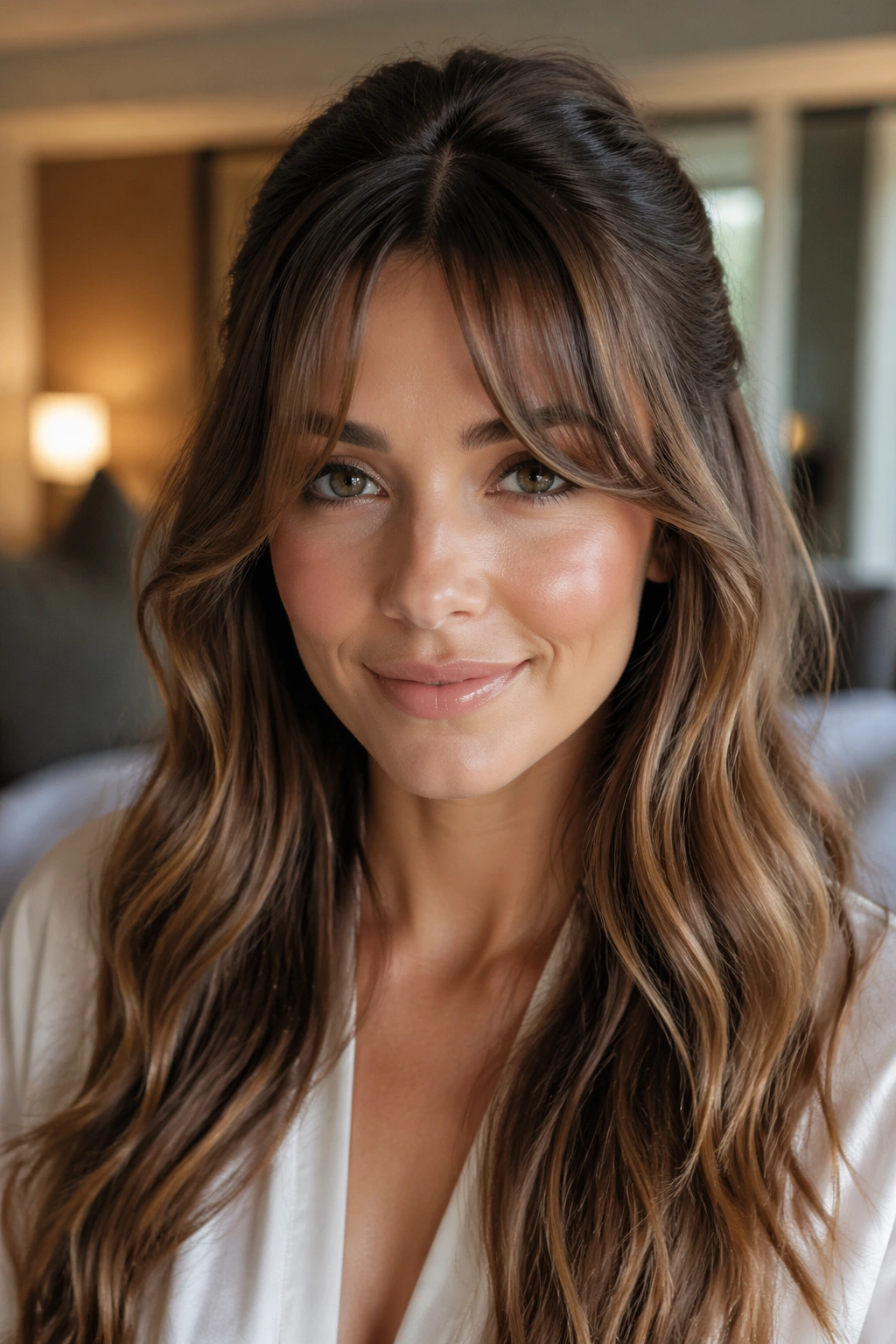 Close-up portrait of Soft Curtain Bangs and Loose Waves on a real bride with center-part bangs
