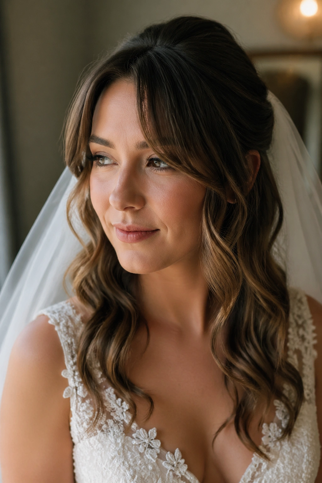 Close-up of a real bride with soft curtain bangs and loose bridal waves.