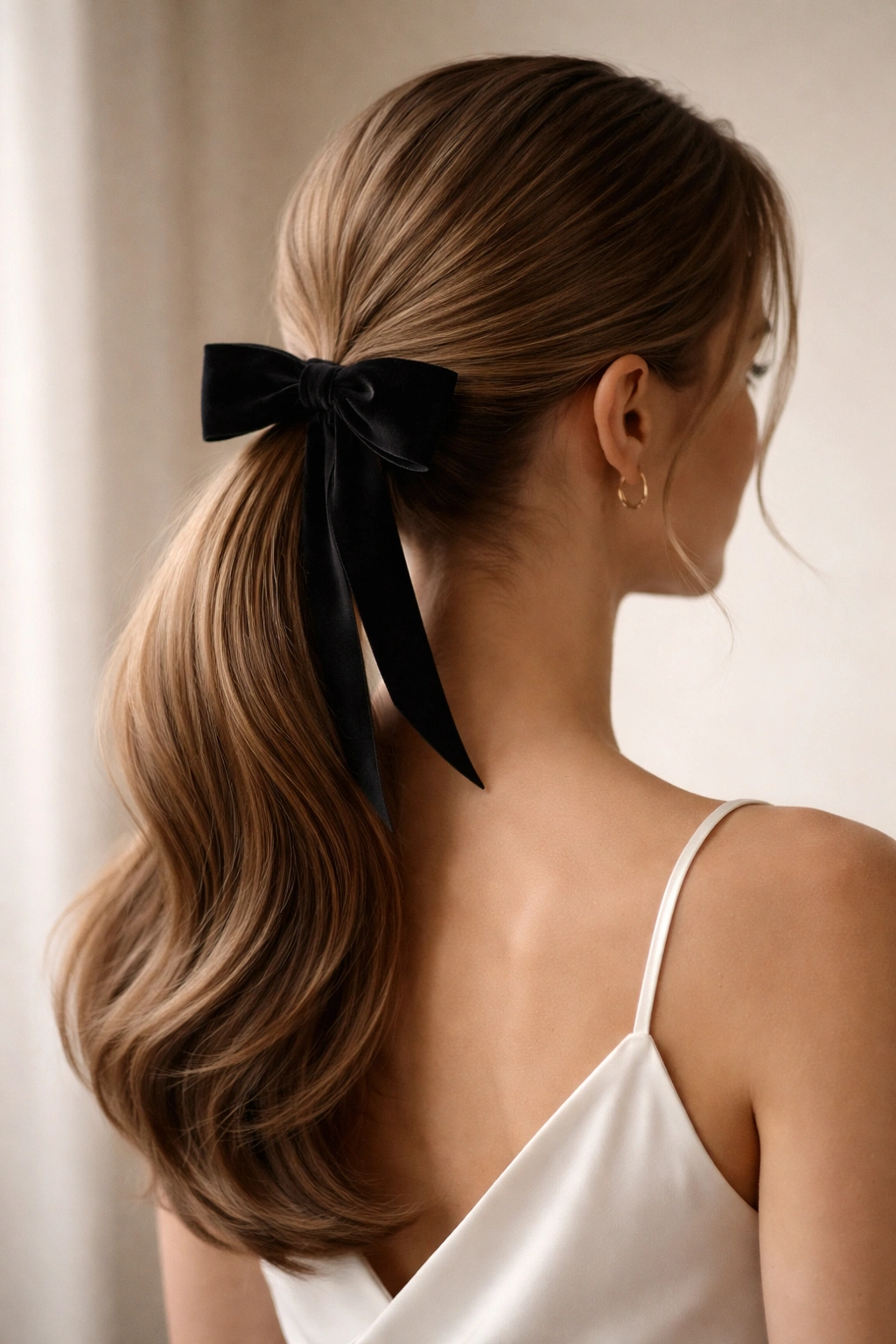 Soft-curve ponytail with velvet off-center bow