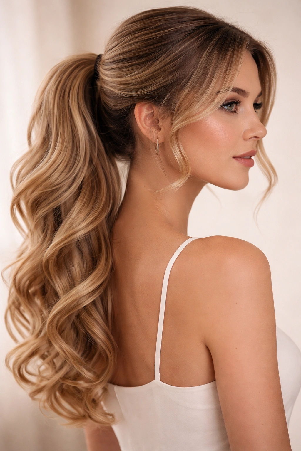 Soft curved ponytail with curls and face-framing pieces