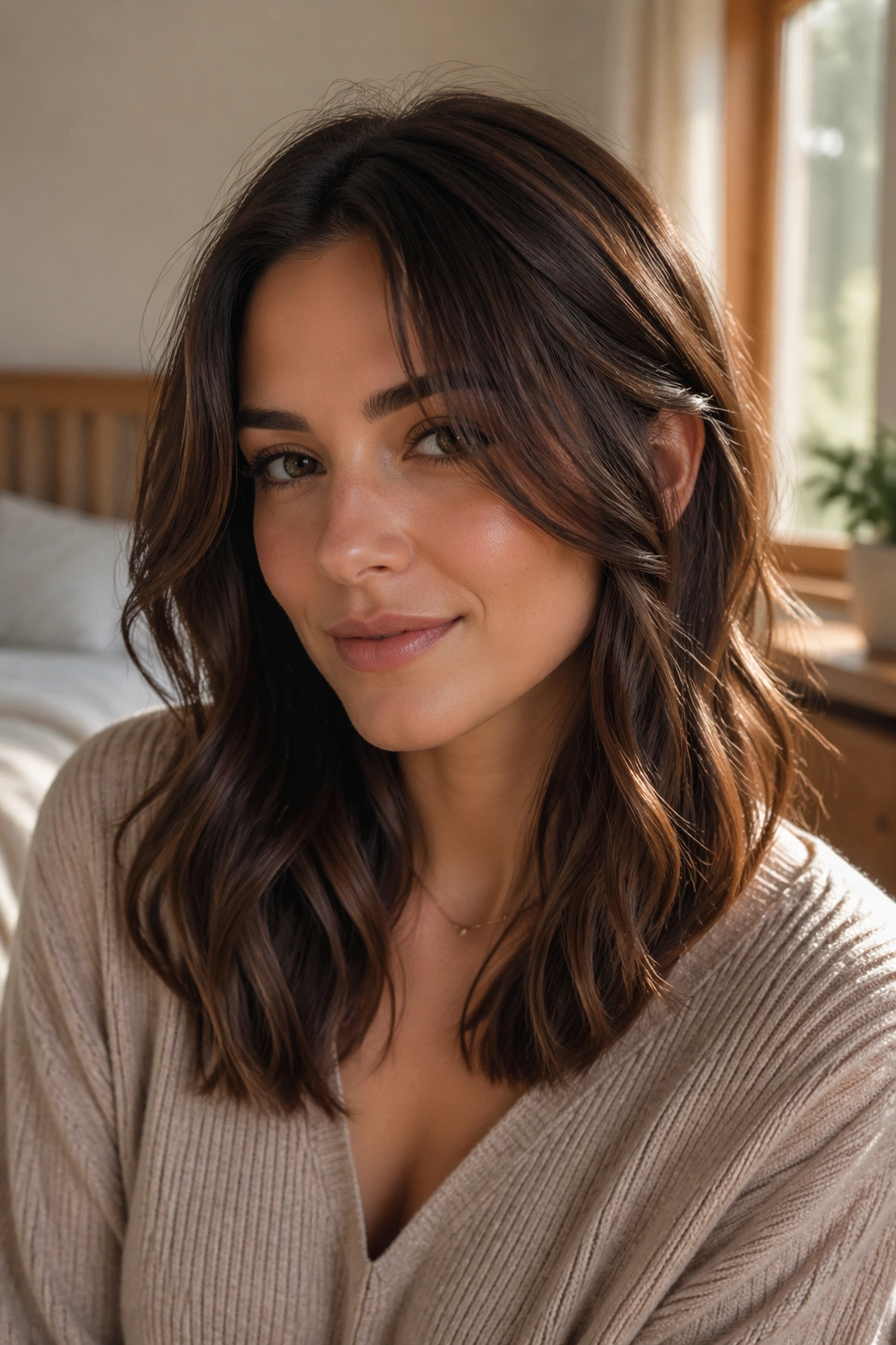 Close-up of a real woman with soft face-framing layers in brunette waves