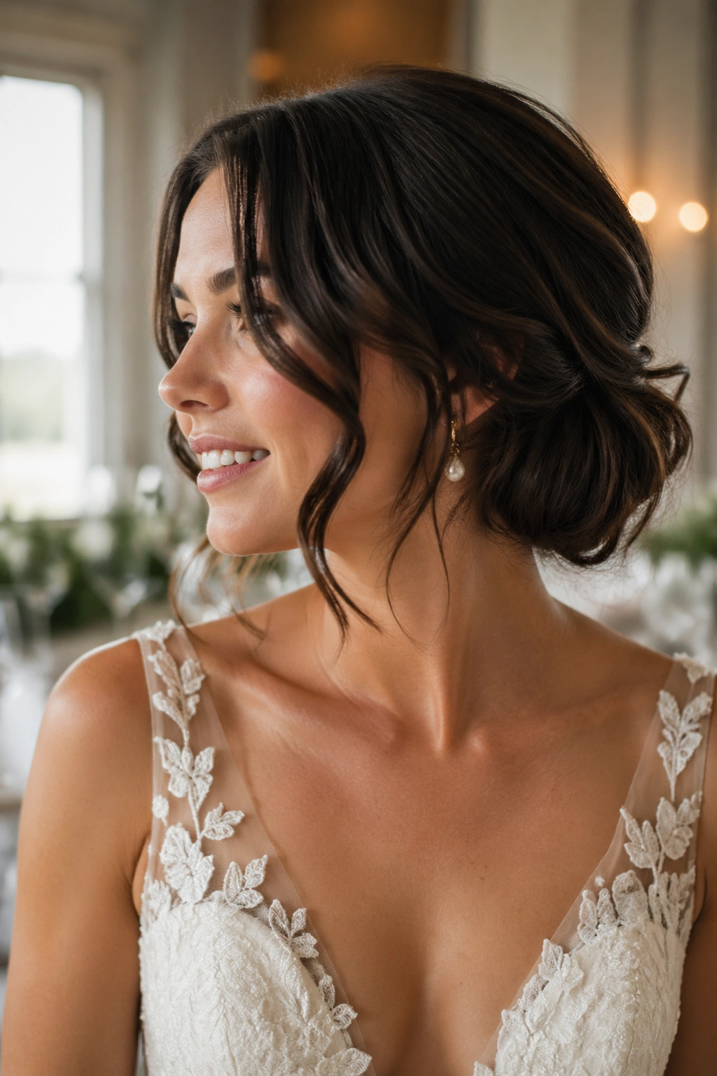 Bride with soft faux bob, hair tucked at nape with front pieces framing the jaw.