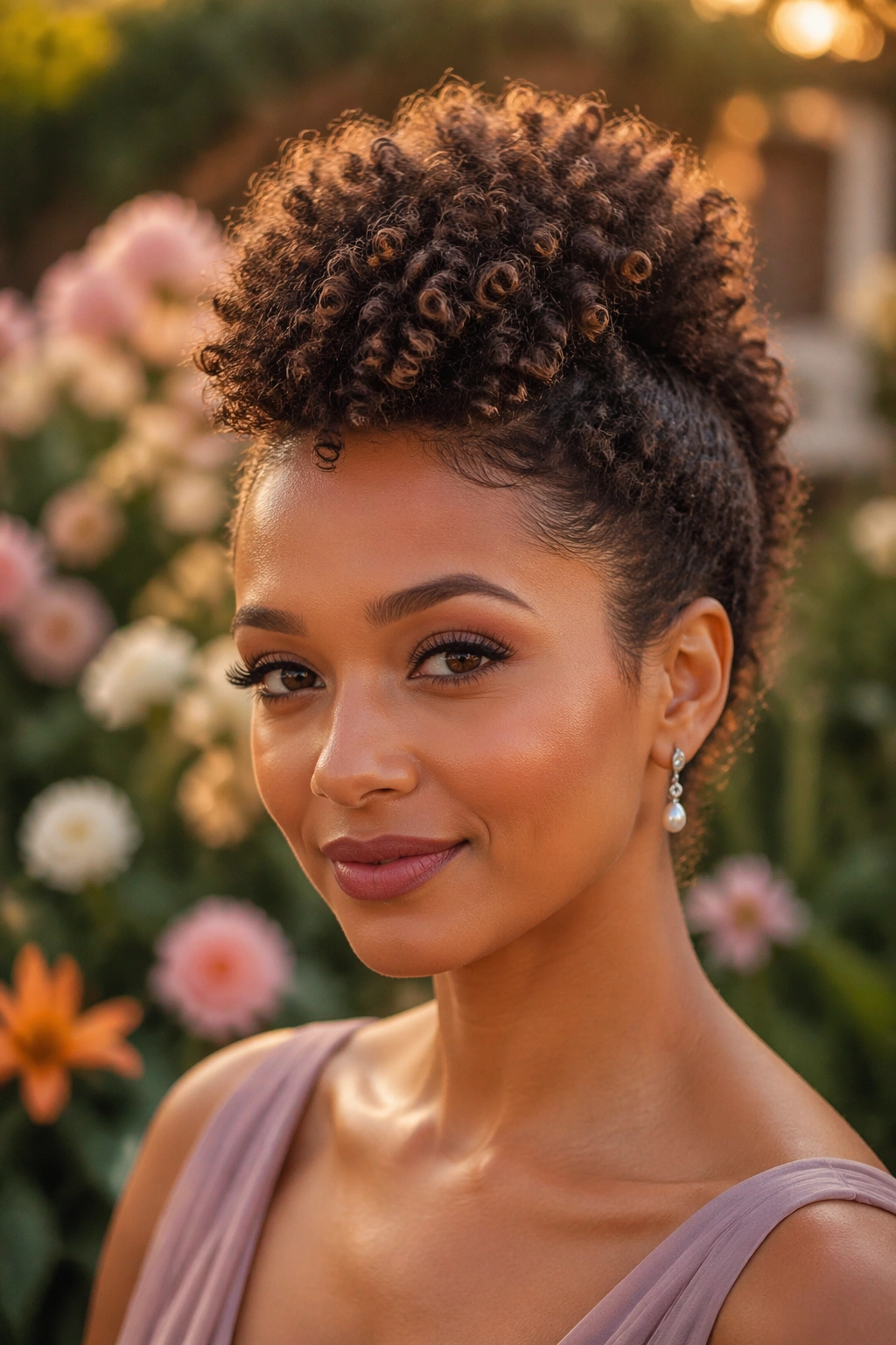 Close-up of a real woman with a soft faux hawk on short natural curls in golden hour light