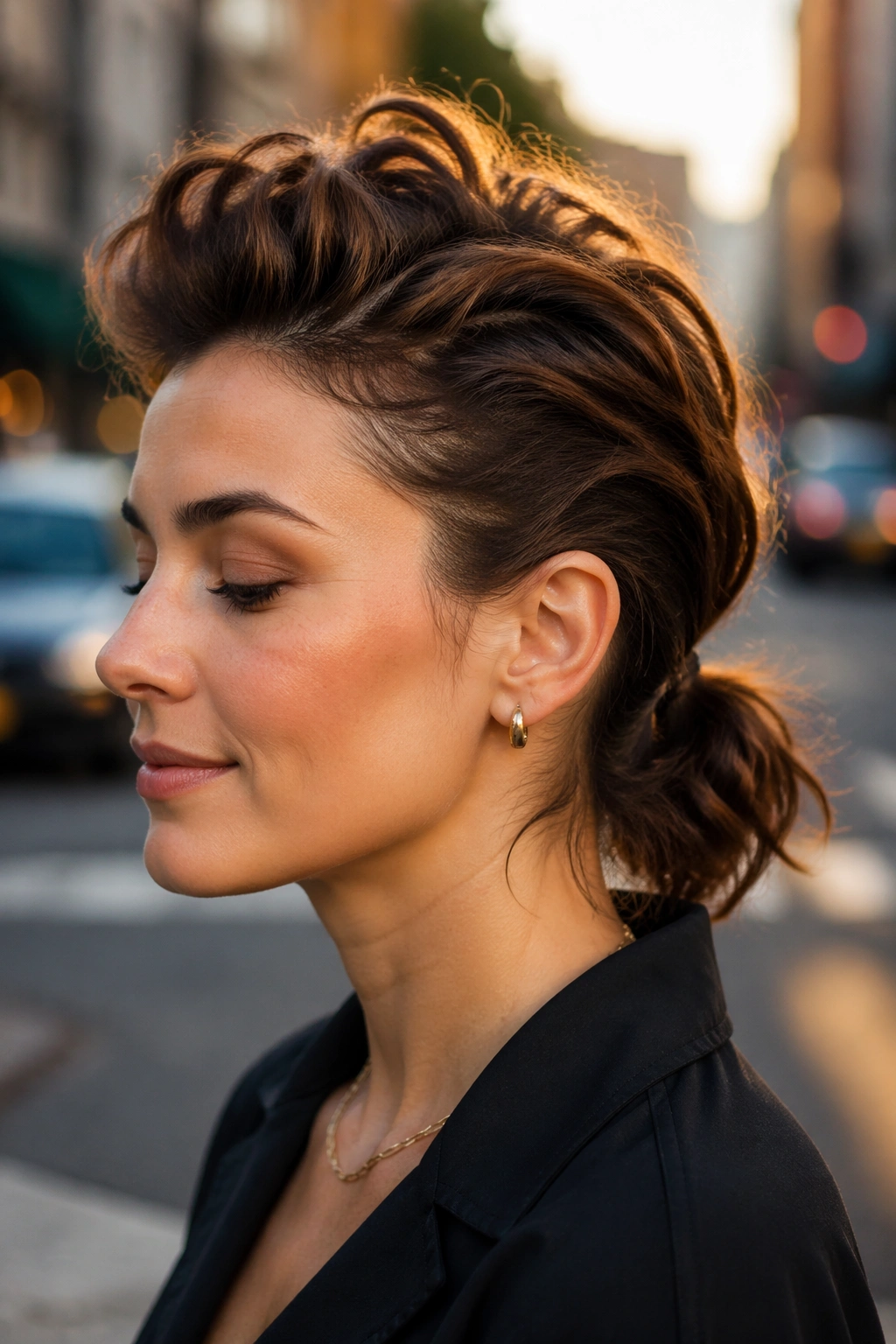 Real woman wearing a soft faux hawk ponytail