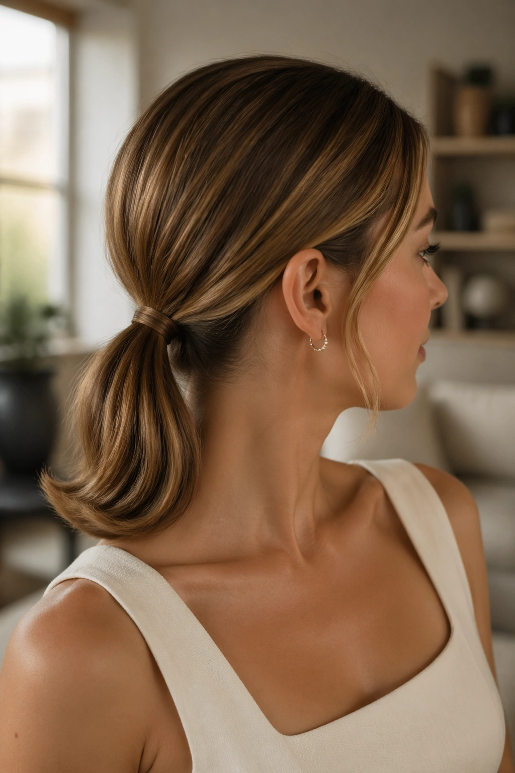 Close-up of a real woman with a low ponytail featuring a soft flip