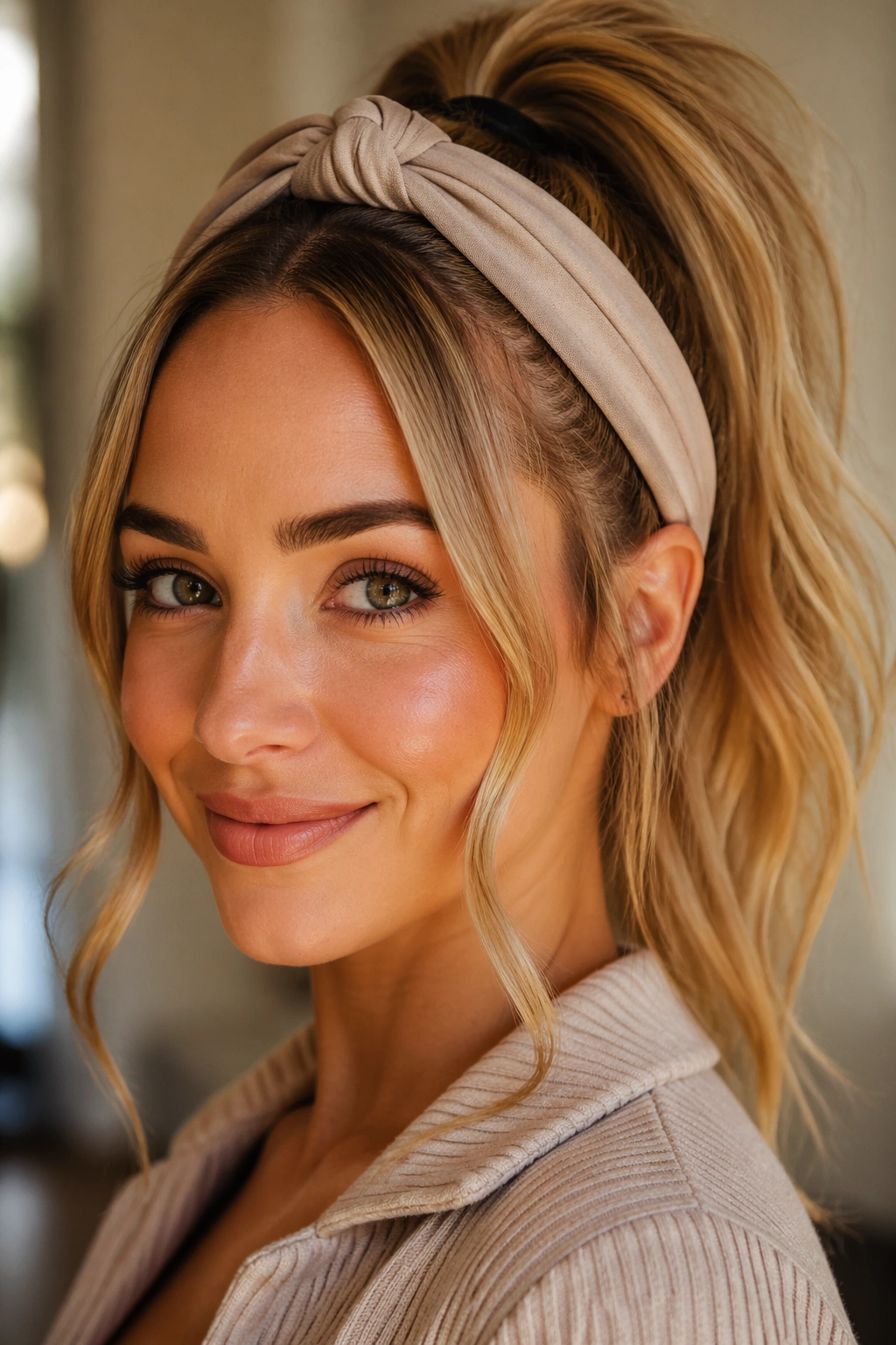 Close-up of a real woman's soft, face-framing ponytail with a knot headband