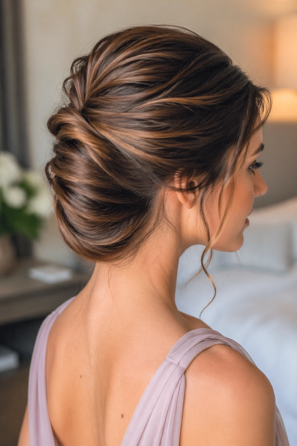 Real woman with soft French twist and curved ends in bridal prep setting