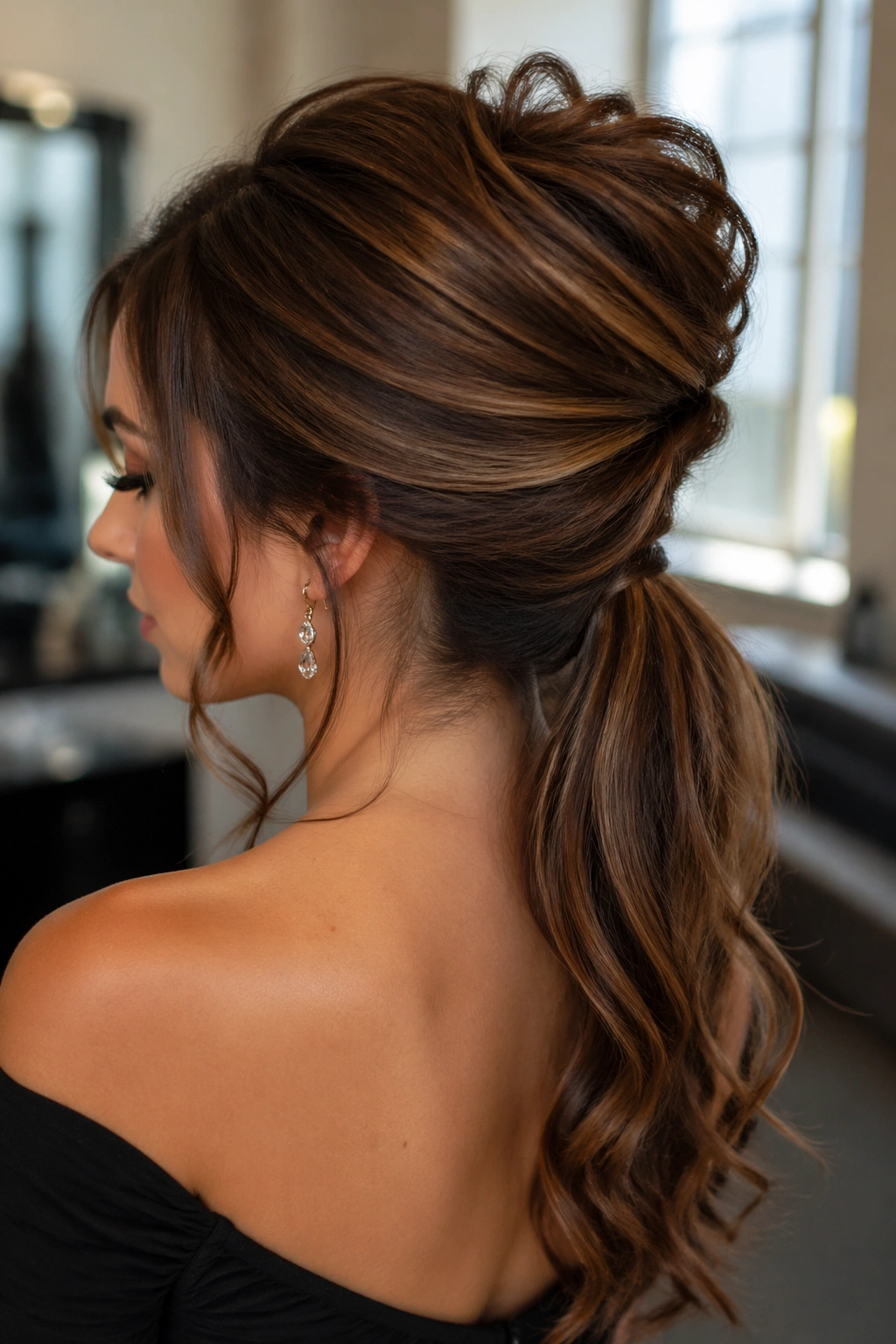 Close-up of a real woman with a soft French twist into a low ponytail