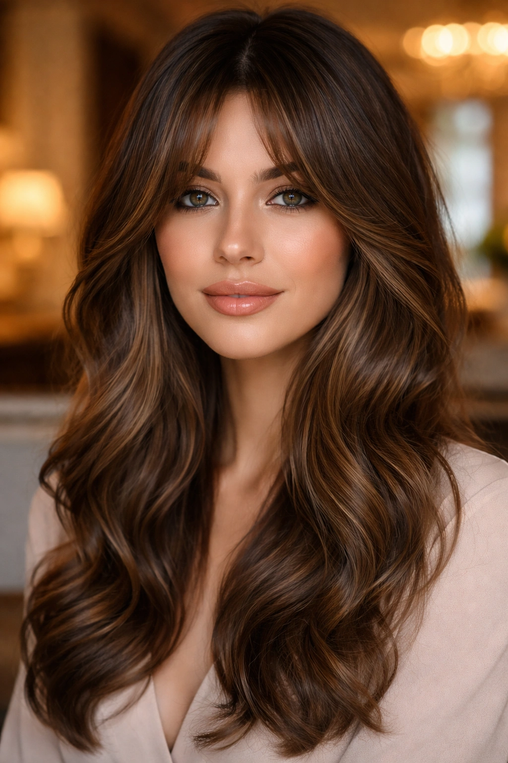 Portrait of a real woman with soft glam curtain bangs and glossy waves