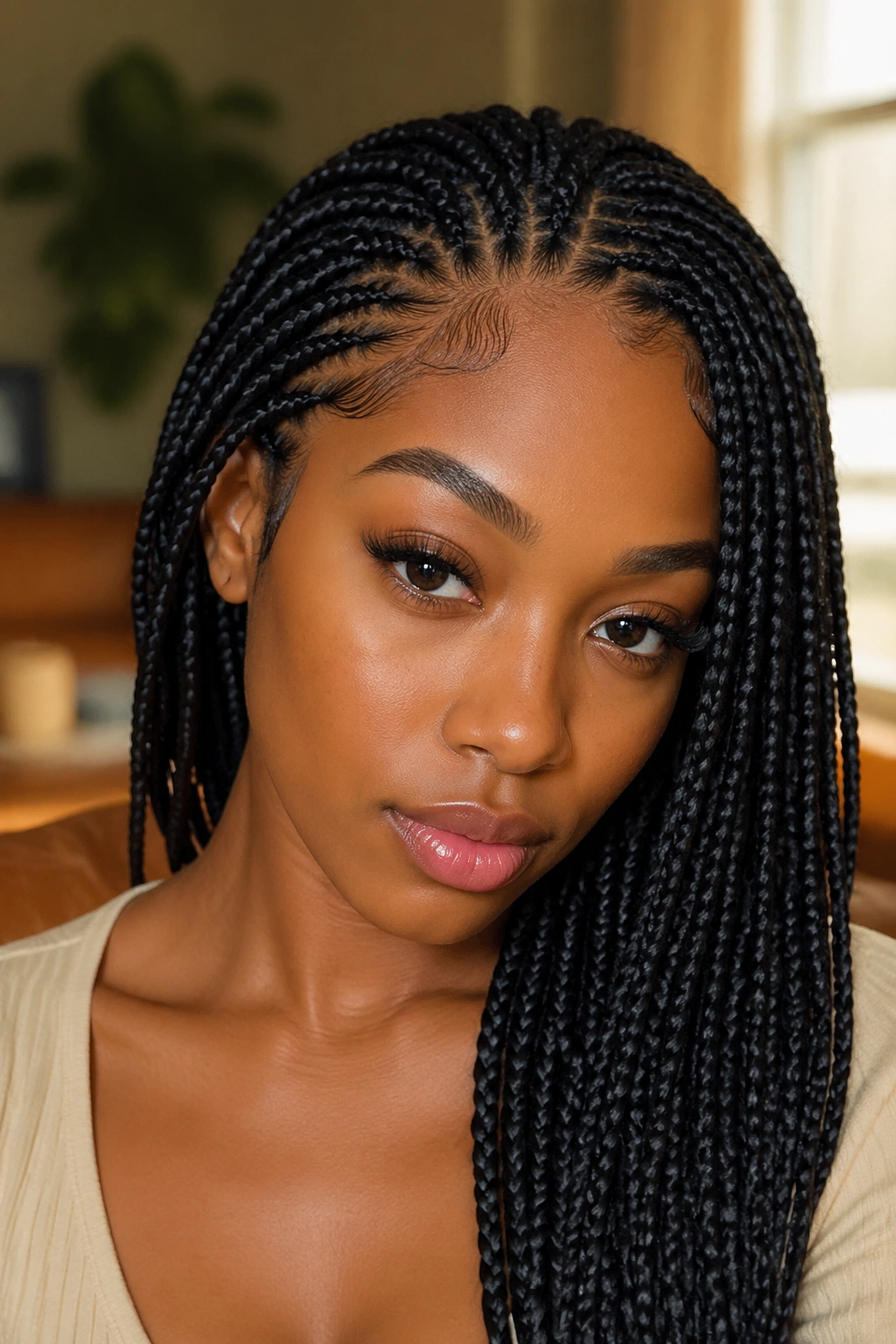 Close-up portrait of a woman with soft hairline feed-in long box braids.