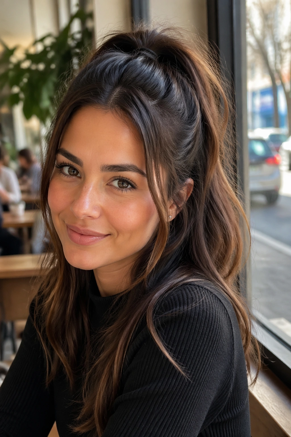 Close-up of a soft high half-up ponytail with face-framing pieces on a real woman in a cafe setting