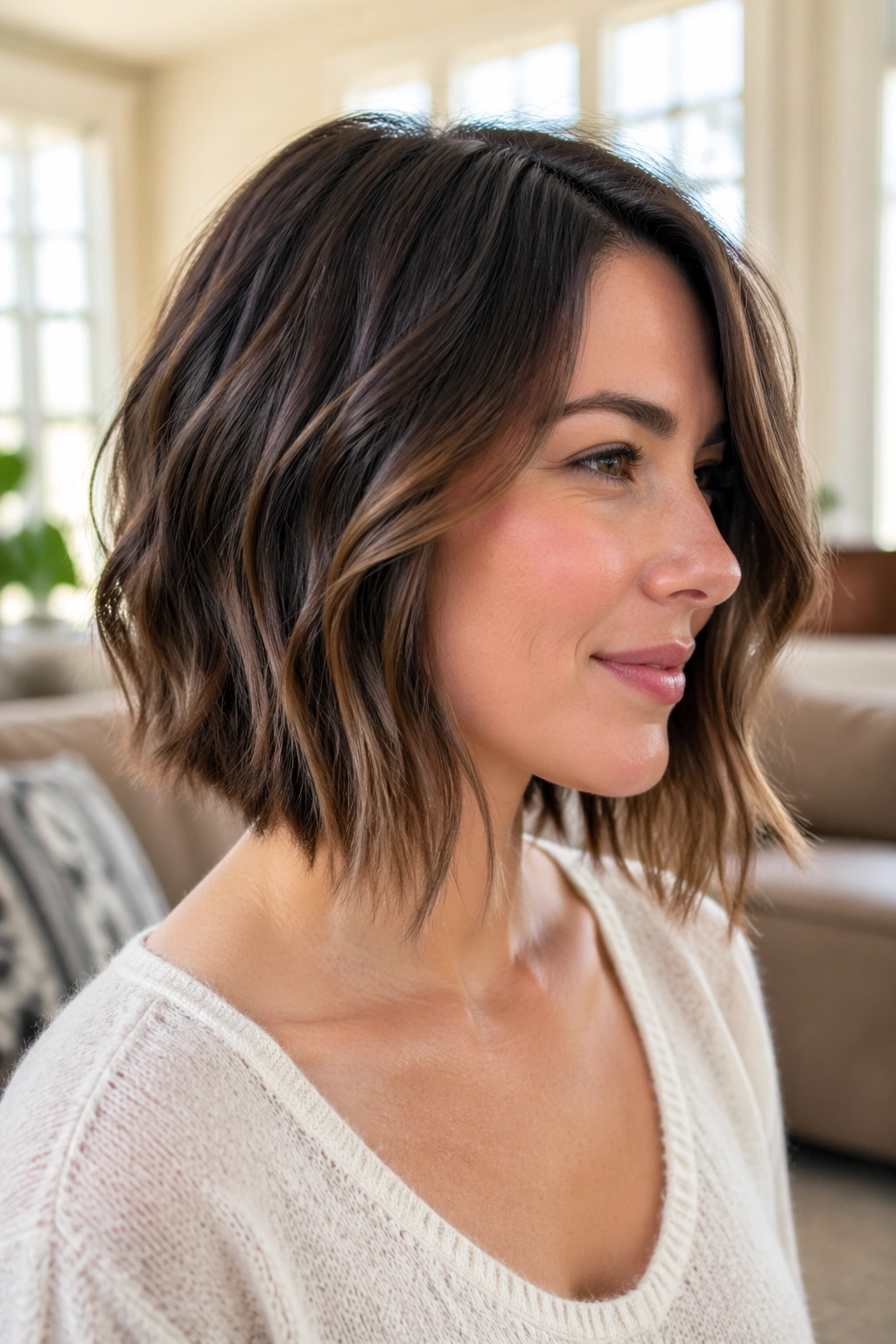 Close-up of a real woman with a soft inverted lob and long front