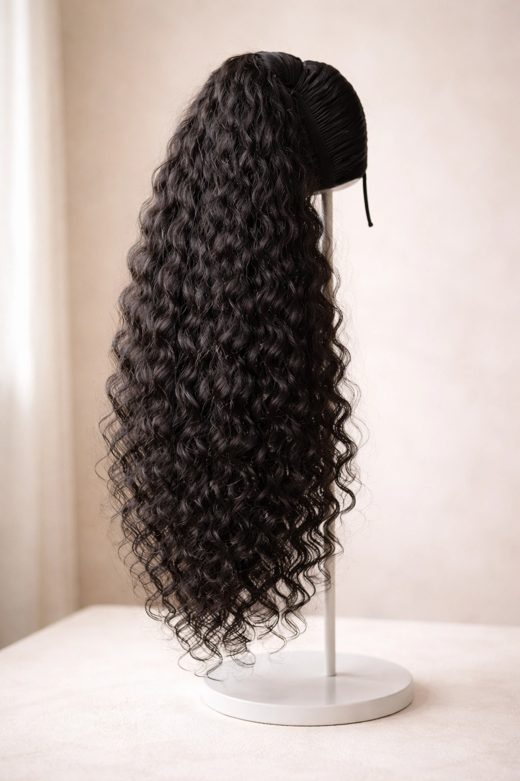 Soft kinky wavy ponytail extension with natural texture on neutral background