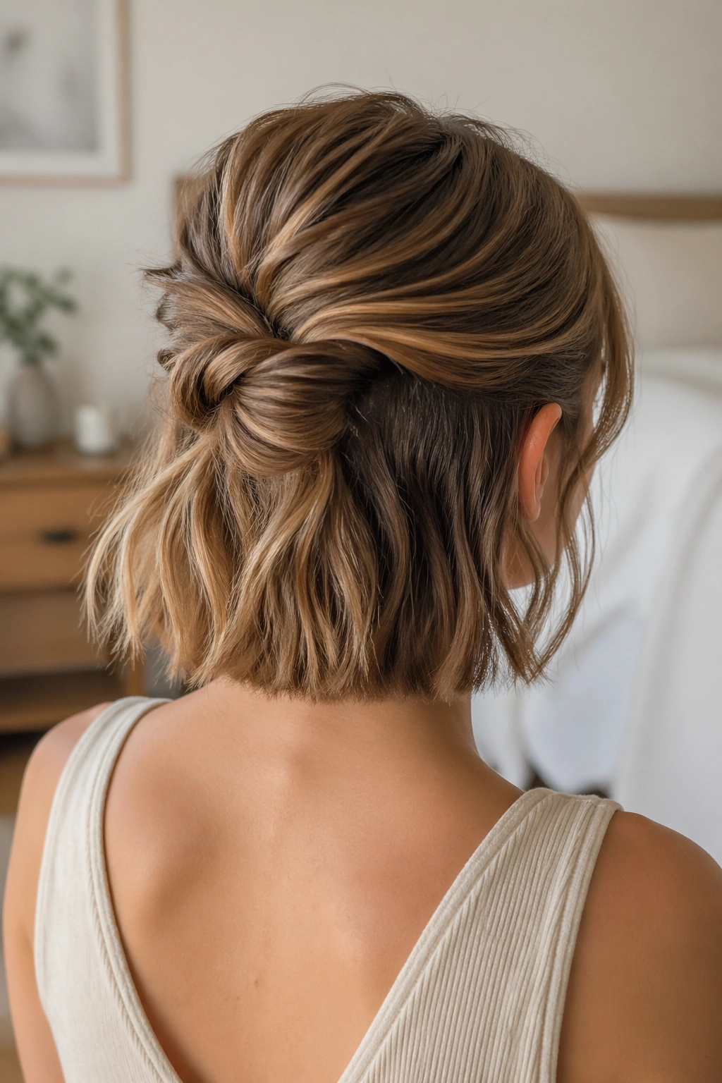 Back-view close-up of a soft knot in a half-up hairstyle with tucked ends