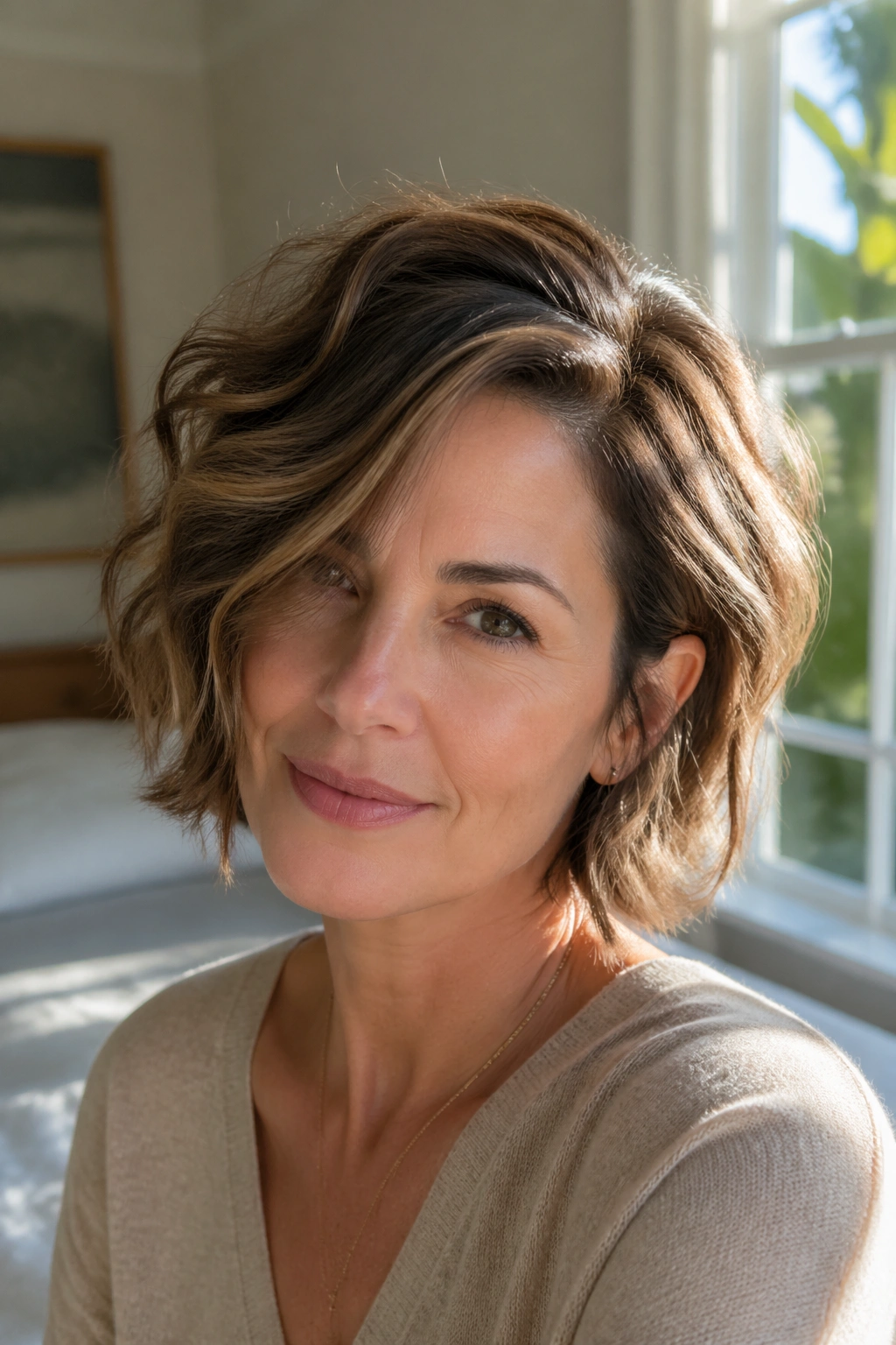 Close-up portrait of a real woman showing a soft layered bob with a deep side part