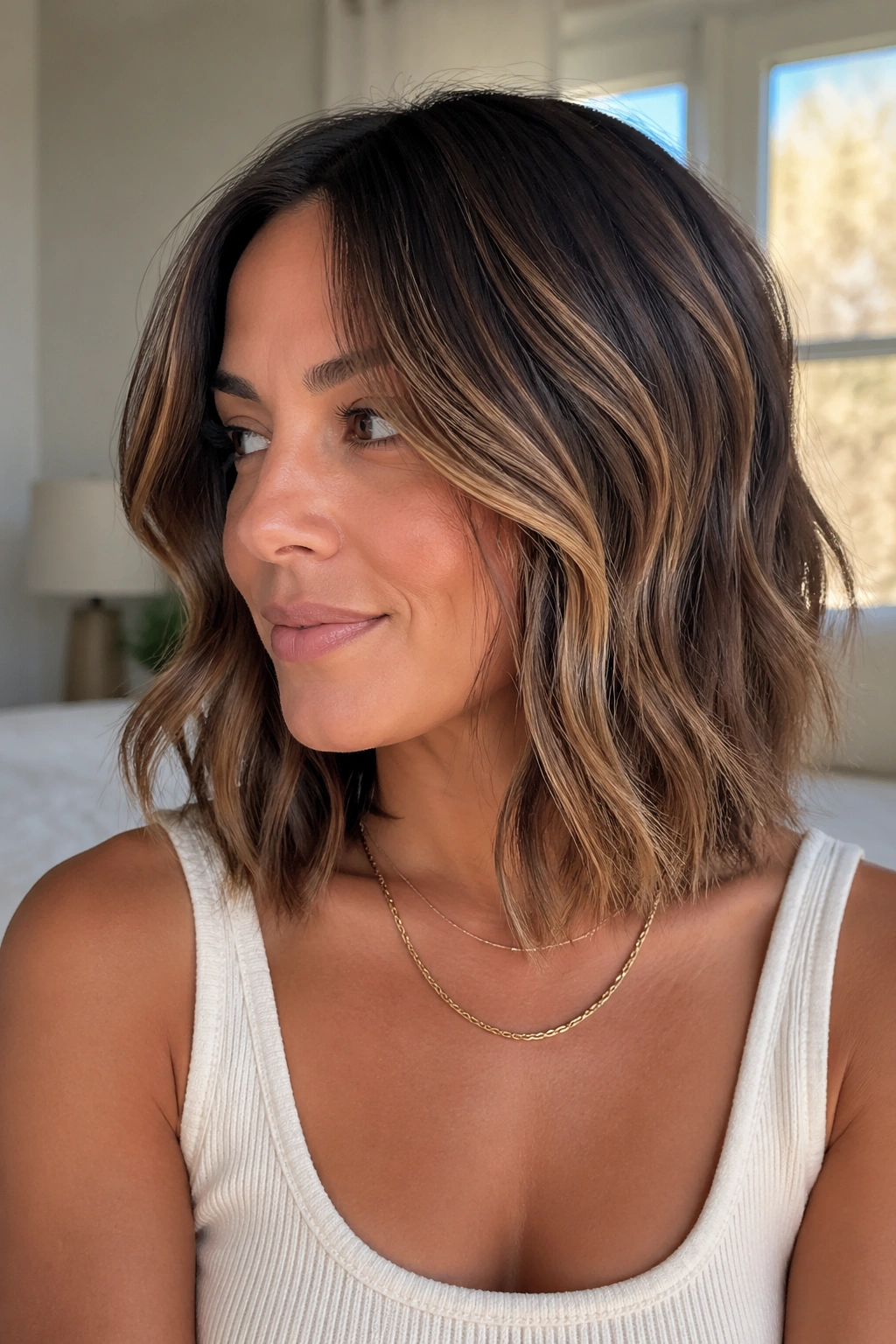 Close-up of a real woman with a soft layered lob and caramel balayage under warm daylight