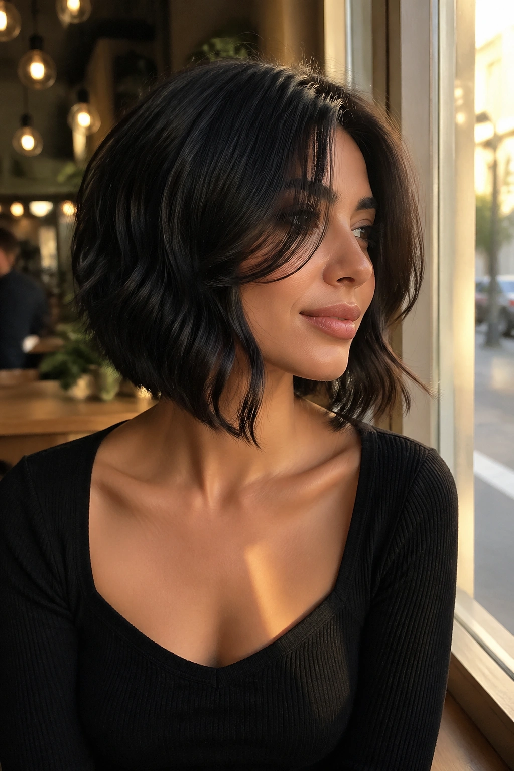 Portrait of a woman with back-shorter bob and front-face-framing layers in warm cafe window light.