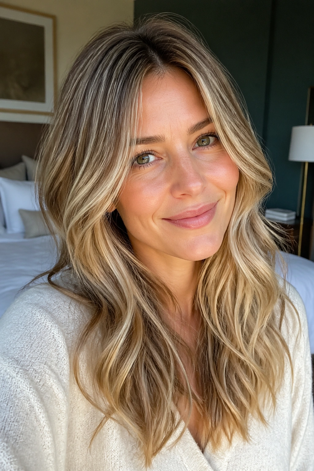 Portrait of a person with soft, invisible layers in fine wavy hair