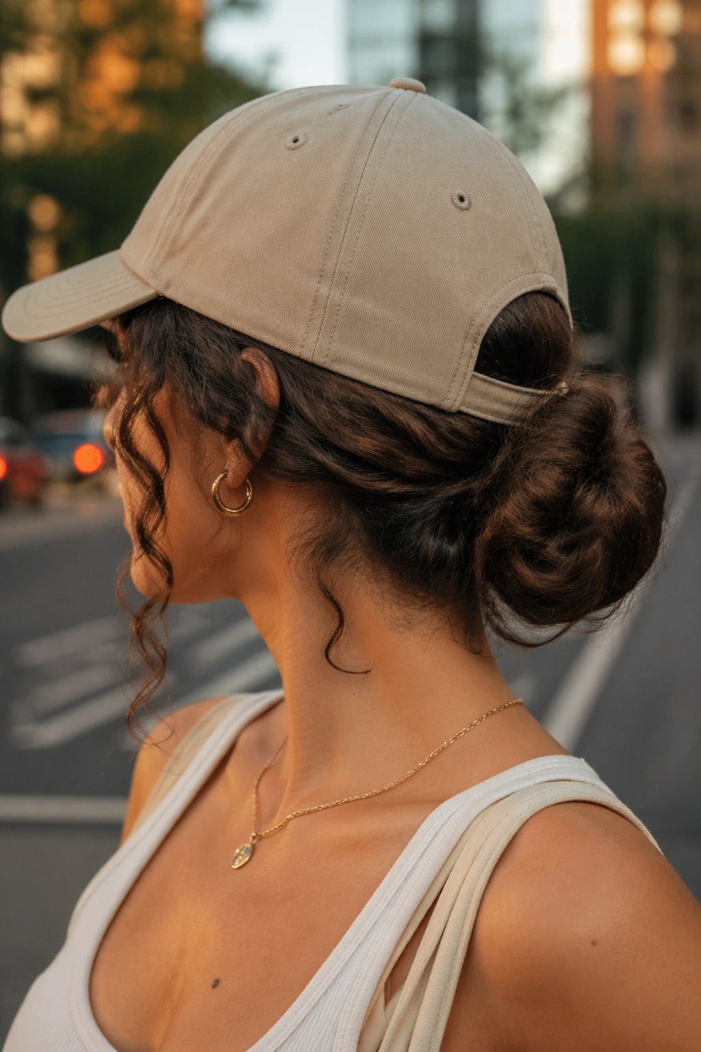Real woman with soft low bun at nape under cap