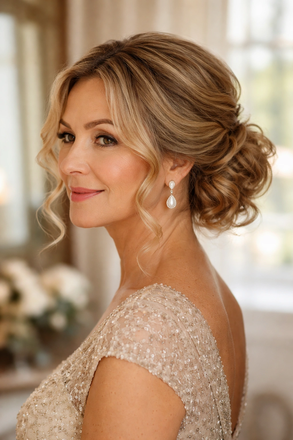 Close-up of a real woman with a soft low chignon for curly hair in a bridal dressing room