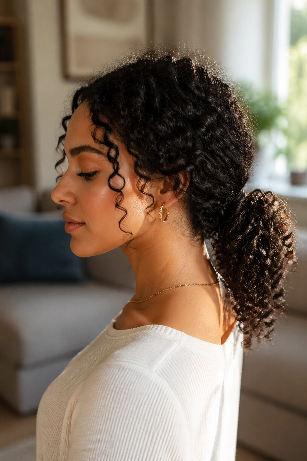 Close-up portrait of a real woman with a soft low ponytail at the nape and curling ends