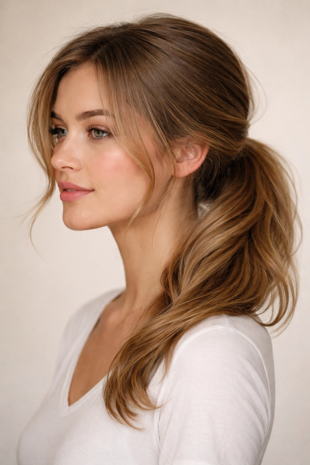 Close-up of a soft low side ponytail resting on the shoulder