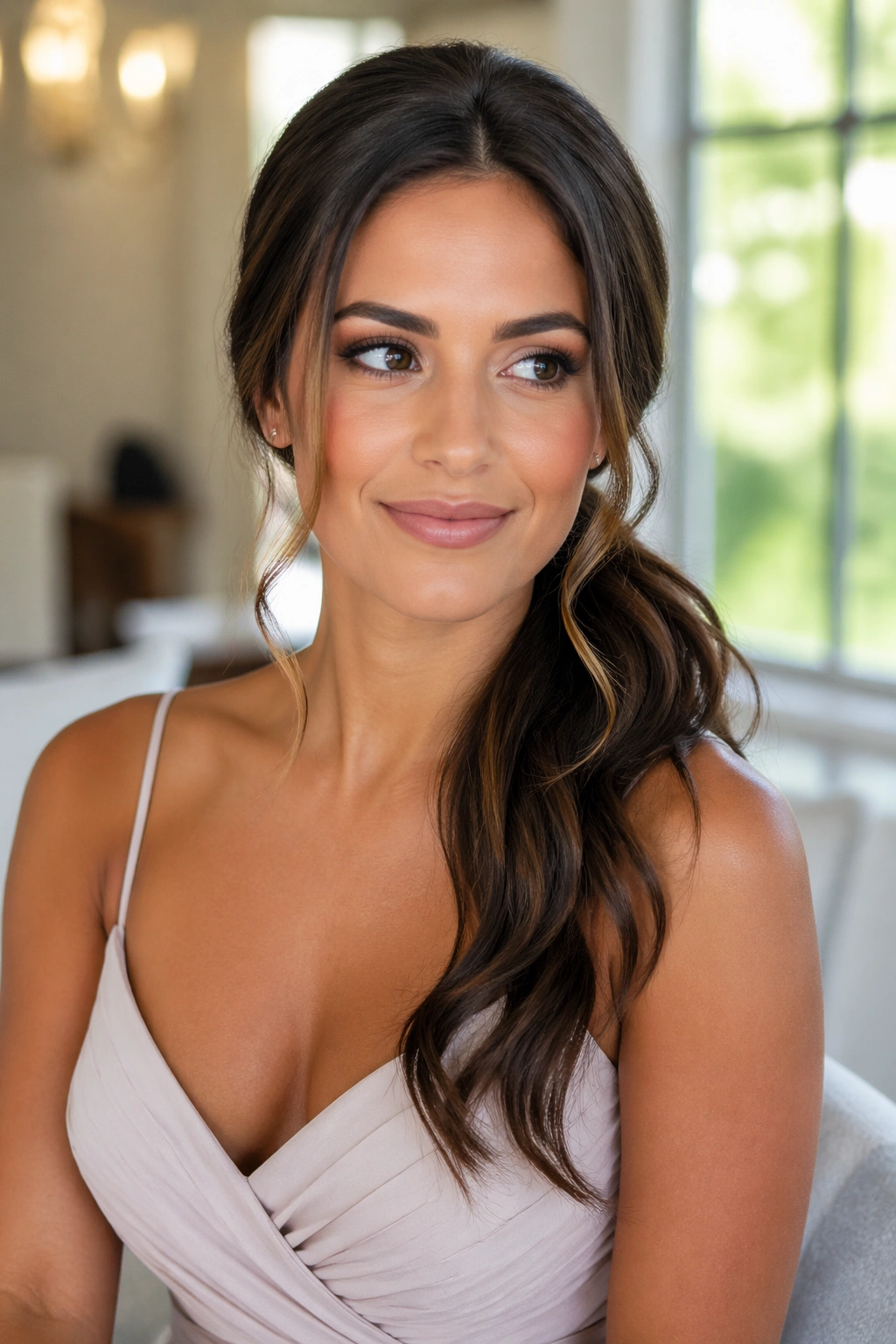 Close-up of a real woman with a soft low side ponytail and face-framing waves in a bridal suite.