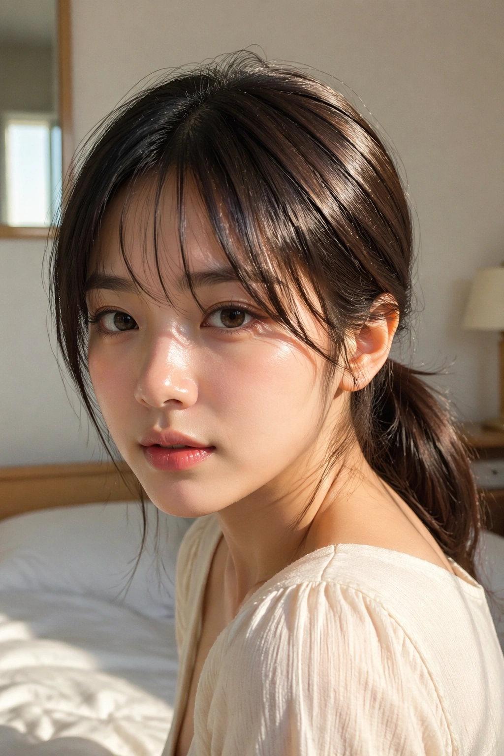 Close-up portrait of a woman with a soft low ponytail and wispy bangs in a sunlit bedroom.
