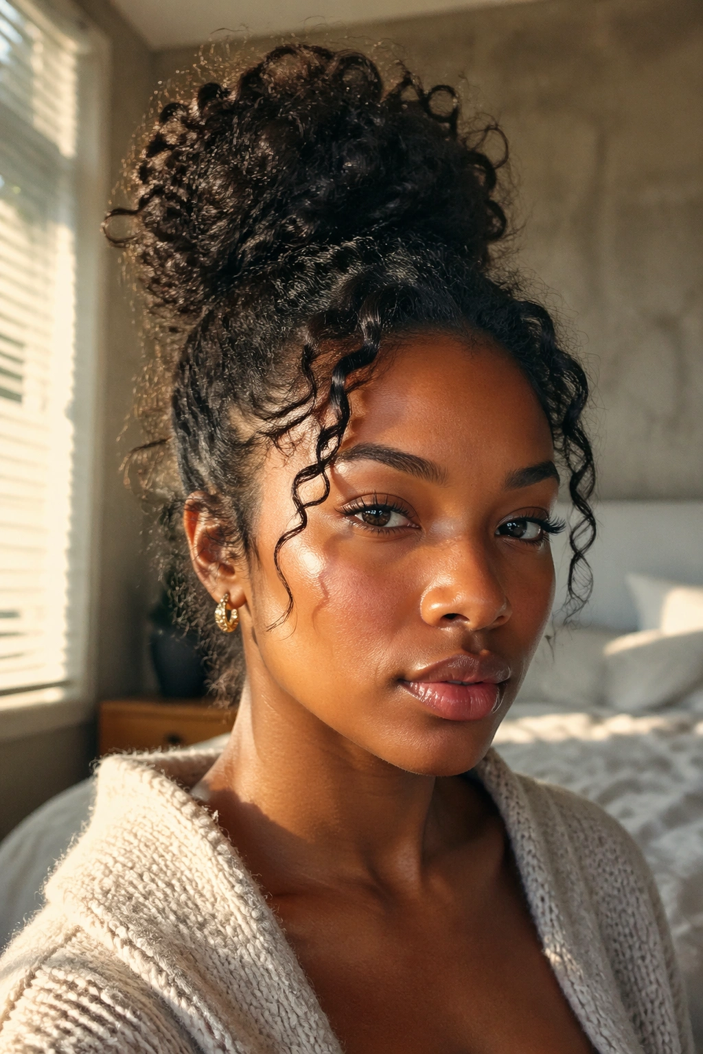 Close-up portrait of a real Black woman with a soft messy coil bun and loose front curls, warm window light.
