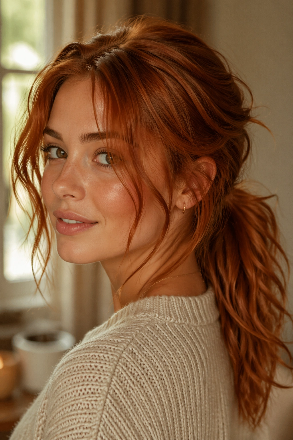 Close-up of a real woman's soft messy copper ponytail with loose crown