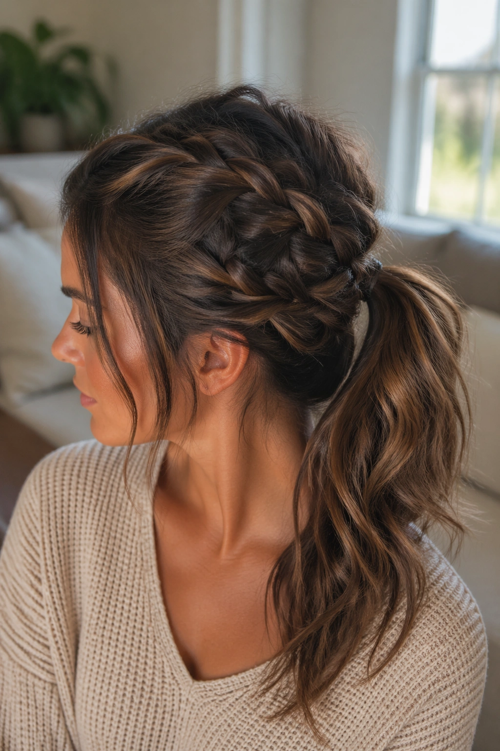 Close-up of a real woman with a soft, messy Dutch braid into a ponytail and face-framing pieces