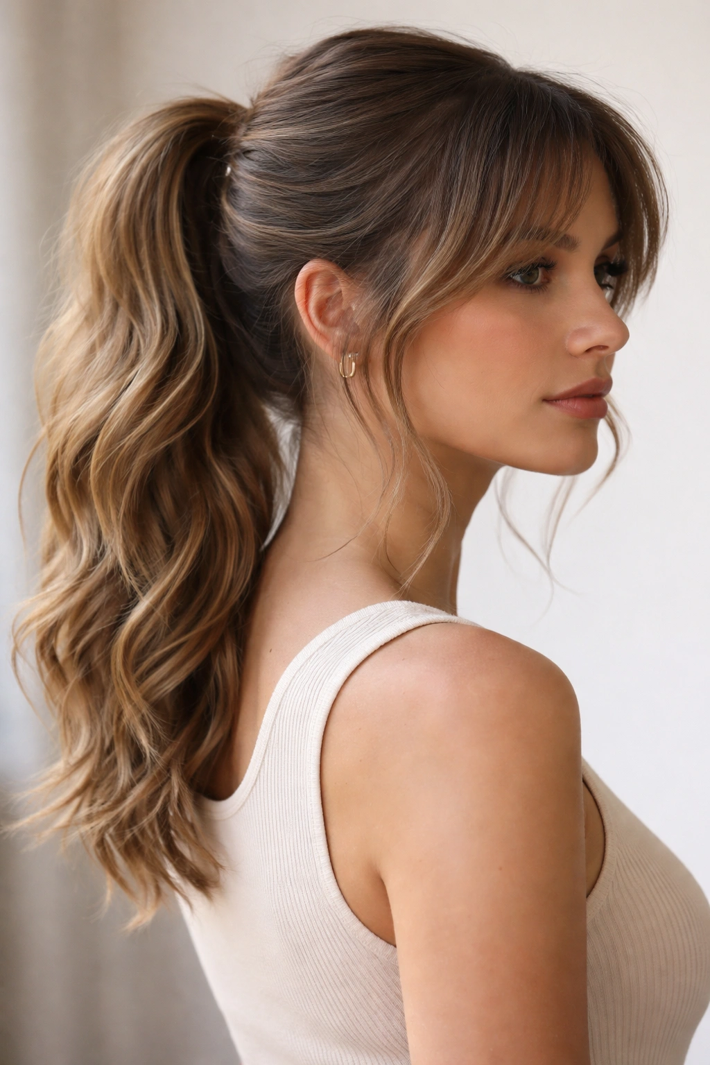 Mid ponytail with loose waves and curtain bangs framing the face
